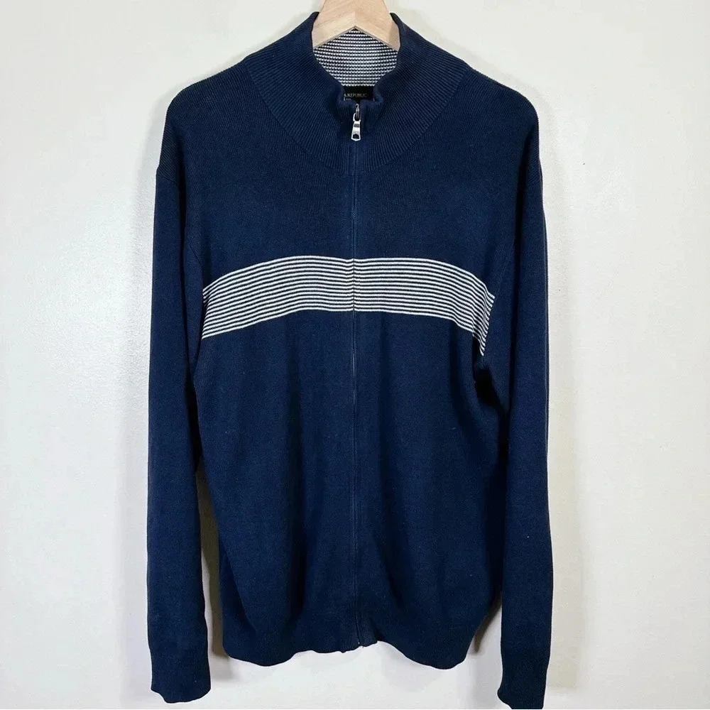 Banana Republic Navy Full Zip Horizontal Stripe Sweater Cardigan